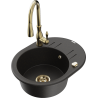 Mexen Kevin granite single-bowl sink with drainer and Savita kitchen faucet, black/gold metallic - 6517-75-672601-50