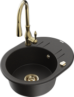 Mexen Kevin granite single-bowl sink with drainer and Savita kitchen faucet, black/gold metallic - 6517-75-672601-50