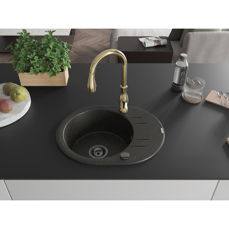 Mexen Kevin granite sink 1-bowl with drainer and Savita kitchen faucet, black/gold metallic - 6517-75-672601-50-B