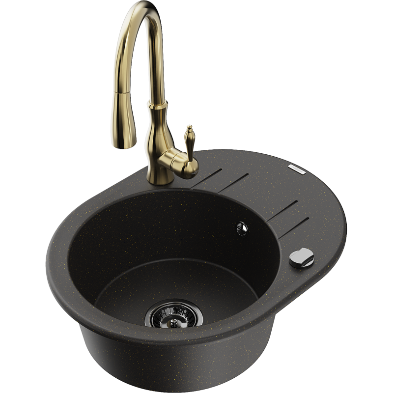 Mexen Kevin 1-compartment granite sink with a drip tray and kitchen mixer tap Savita, Black/Gold metallic - 6517-75-672601-50-B