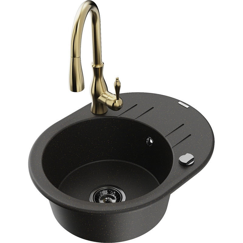 Mexen Kevin granite kitchen sink 1-bowl with drainer and kitchen faucet Savita, black/gold metallic - 6517-75-672601-50-B