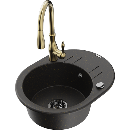 Mexen Kevin granite sink 1-bowl with drainer and Savita kitchen faucet, black/gold metallic - 6517-75-672601-50-B
