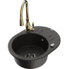 Mexen Kevin granite kitchen sink 1-bowl with drainer and kitchen faucet Savita, black/gold metallic - 6517-75-672601-50-B