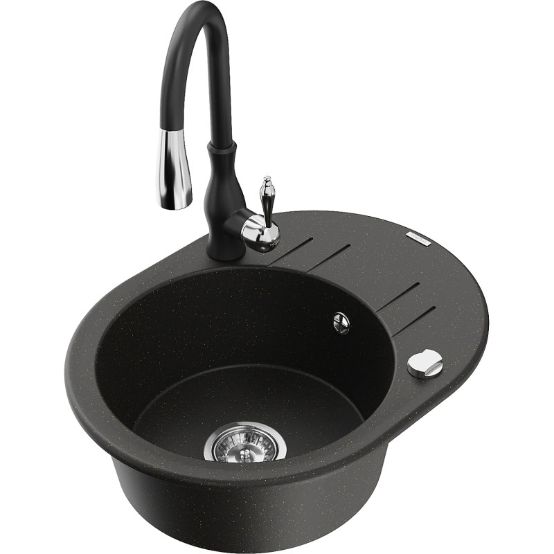 Mexen Kevin 1-bowl granite sink with drainer and Savita kitchen faucet, black/gold metallic - 6517-75-672601-70
