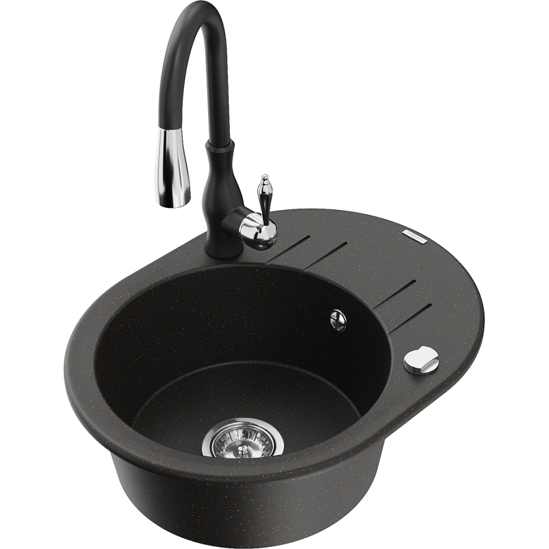 Mexen Kevin 1-bowl granite sink with drainer and Savita kitchen tap, black/gold metallic - 6517-75-672601-70