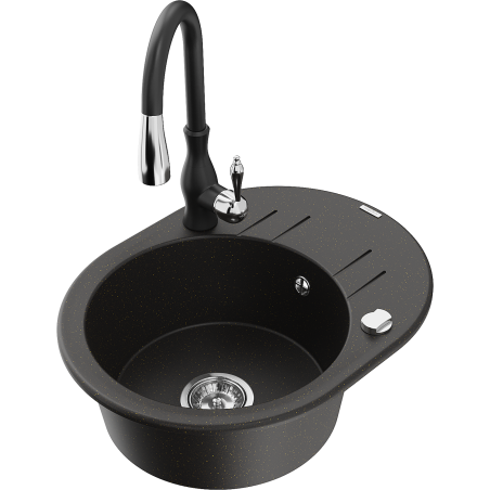 Mexen Kevin 1-bowl granite sink with drainer and Savita kitchen tap, black/gold metallic - 6517-75-672601-70