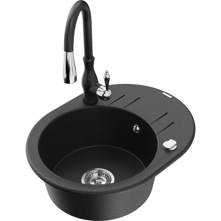 Mexen Kevin granite kitchen sink 1-bowl with drainer and kitchen faucet Savita, black/gold metallic - 6517-75-672601-70