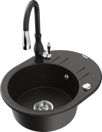 Mexen Kevin granite kitchen sink 1-bowl with drainer and kitchen faucet Savita, black/gold metallic - 6517-75-672601-70