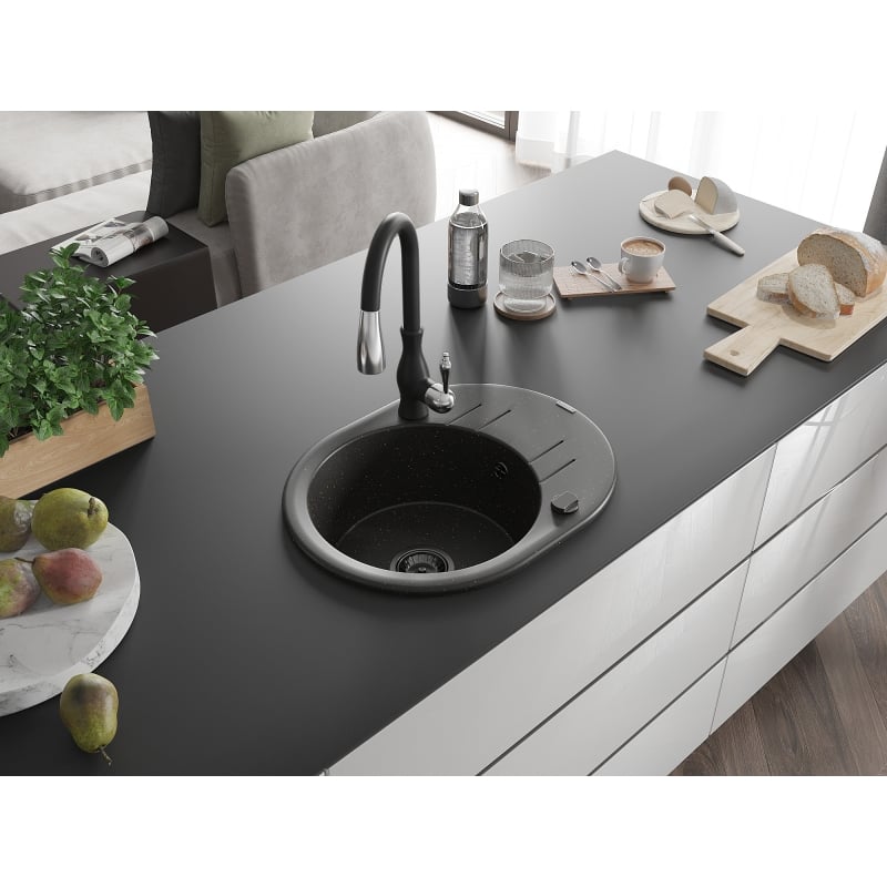 Mexen Kevin 1-bowl granite sink with drainer and Savita kitchen faucet, black/gold metallic - 6517-75-672601-70-B