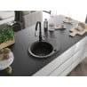 Mexen Kevin 1-bowl granite sink with drainer and Savita kitchen faucet, black/gold metallic - 6517-75-672601-70-B