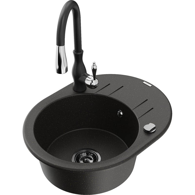 Mexen Kevin 1-bowl granite sink with drainer and Savita kitchen faucet, black/gold metallic - 6517-75-672601-70-B