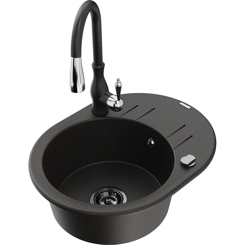Mexen Kevin granite sink 1-bowl with drainer and Savita kitchen tap, black/gold metallic - 6517-75-672601-70-B