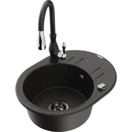 Mexen Kevin 1-bowl granite sink with drainer and Savita kitchen faucet, black/gold metallic - 6517-75-672601-70-B