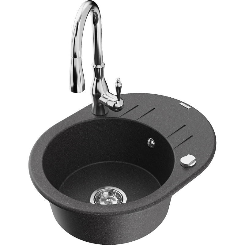Mexen Kevin 1-compartment granite sink with a drip tray and kitchen mixer tap Savita, spotted black - 6517-76-672601-00