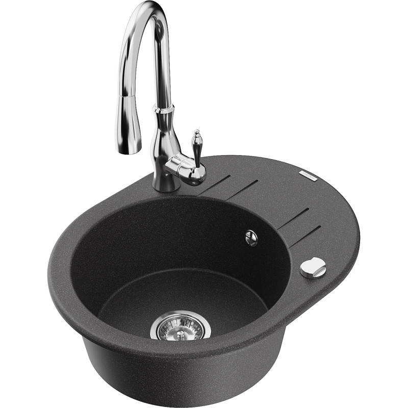 Mexen Kevin granite kitchen sink 1-bowl with drainer and Savita kitchen faucet, black speckled - 6517-76-672601-00