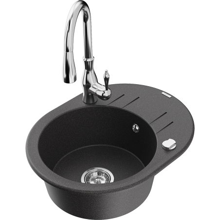 Mexen Kevin granite kitchen sink 1-bowl with drainer and Savita kitchen faucet, black speckled - 6517-76-672601-00