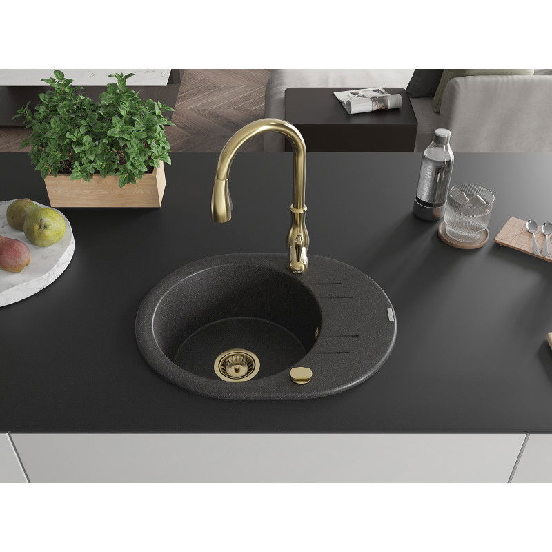 Mexen Kevin 1-bowl granite sink with drainer and Savita kitchen tap, spotted black - 6517-76-672601-50