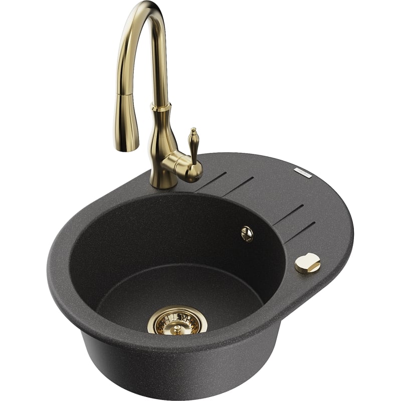 Mexen Kevin 1-bowl granite sink with drainer and Savita kitchen faucet, speckled black - 6517-76-672601-50
