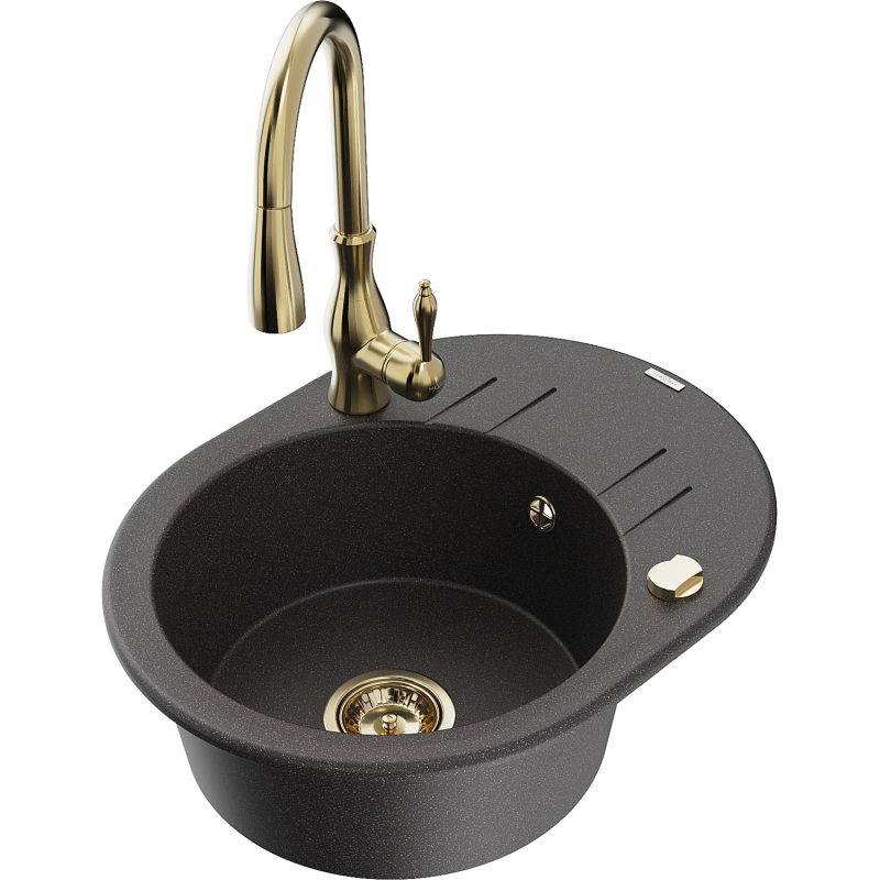 Mexen Kevin 1-bowl granite sink with drainer and Savita kitchen tap, spotted black - 6517-76-672601-50