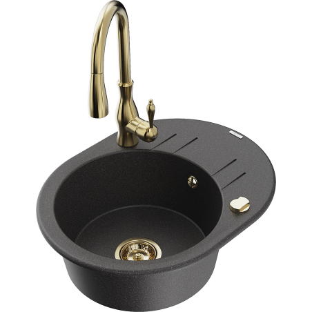 Mexen Kevin 1-bowl granite sink with drainer and Savita kitchen tap, spotted black - 6517-76-672601-50