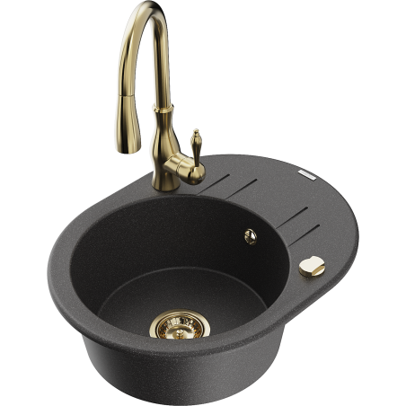Mexen Kevin 1-compartment granite sink with a drip tray and kitchen mixer tap Savita, spotted black - 6517-76-672601-50
