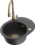 Mexen Kevin 1-bowl granite sink with drainer and Savita kitchen tap, spotted black - 6517-76-672601-50