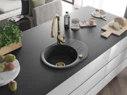 Mexen Kevin 1-bowl granite sink with drainer and Savita kitchen faucet, speckled black - 6517-76-672601-50