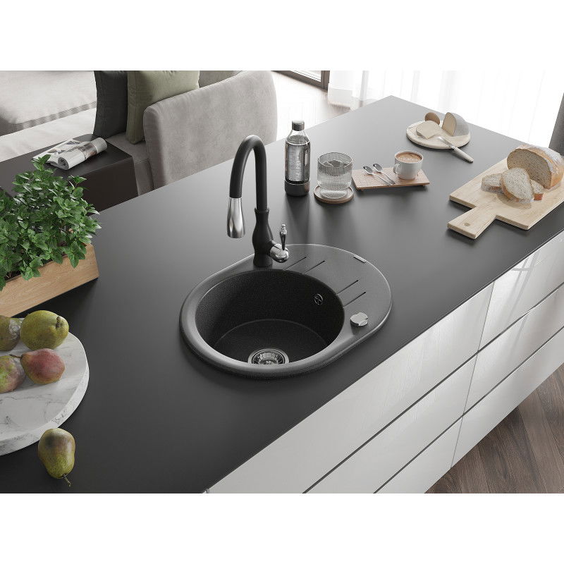 Mexen Kevin granite sink 1-bowl with drainer and Savita kitchen tap, black speckled - 6517-76-672601-70
