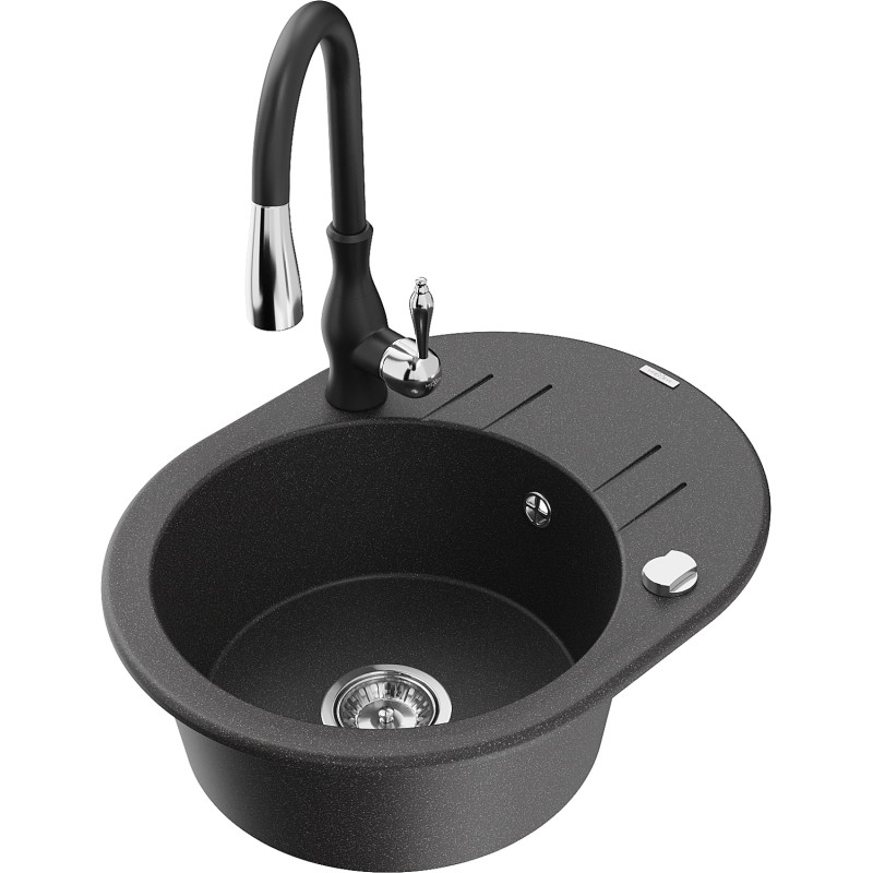 Mexen Kevin granite sink 1-bowl with drainer and Savita kitchen faucet, black speckled - 6517-76-672601-70
