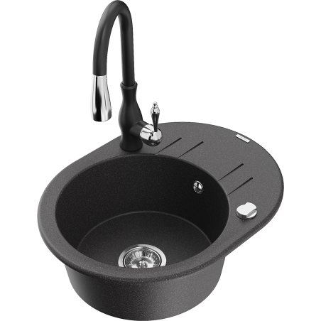 Mexen Kevin granite sink 1-bowl with drainer and Savita kitchen tap, black speckled - 6517-76-672601-70