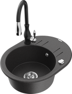 Mexen Kevin granite sink 1-bowl with drainer and Savita kitchen tap, black speckled - 6517-76-672601-70