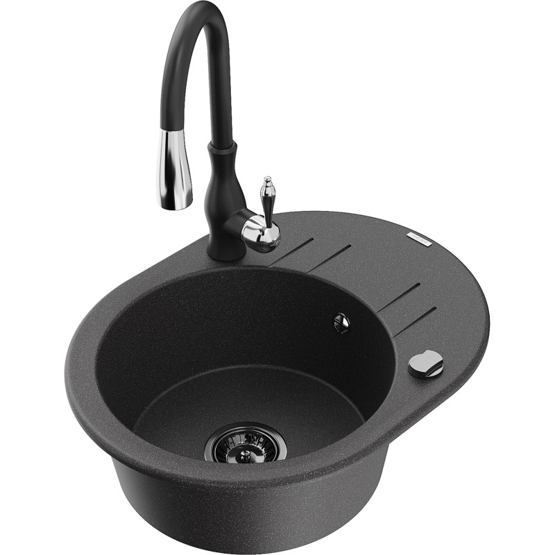 Mexen Kevin 1-bowl granite kitchen sink with drainer and Savita kitchen faucet, speckled black - 6517-76-672601-70-B