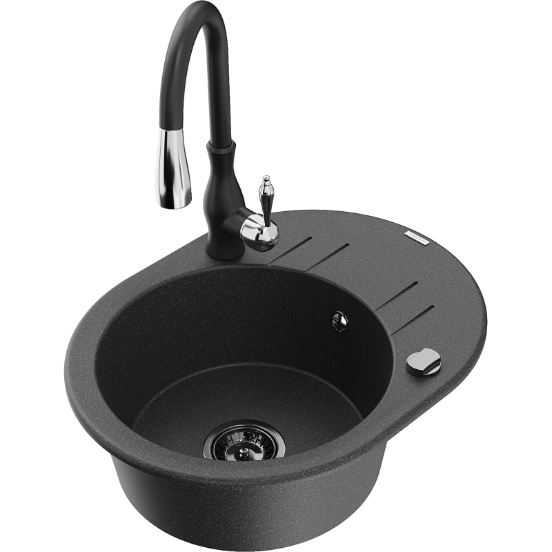 Mexen Kevin granite sink 1-bowl with drainer and Savita kitchen tap, black speckled - 6517-76-672601-70-B