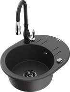 Mexen Kevin granite sink 1-bowl with drainer and Savita kitchen faucet, speckled black - 6517-76-672601-70-B