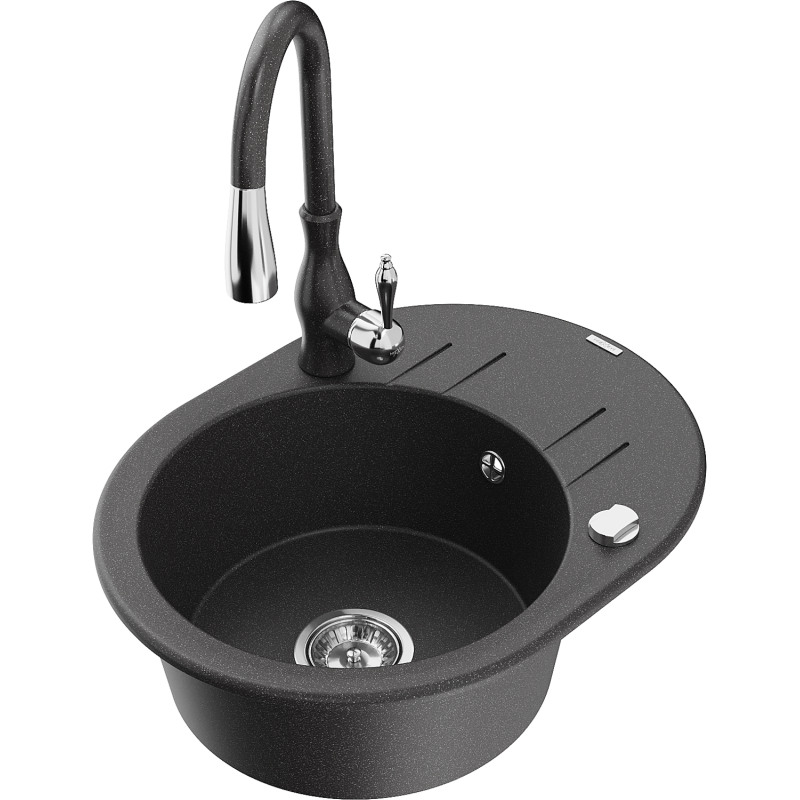 Mexen Kevin 1-compartment granite sink with a drip tray and kitchen mixer tap Savita, spotted black - 6517-76-672601-76