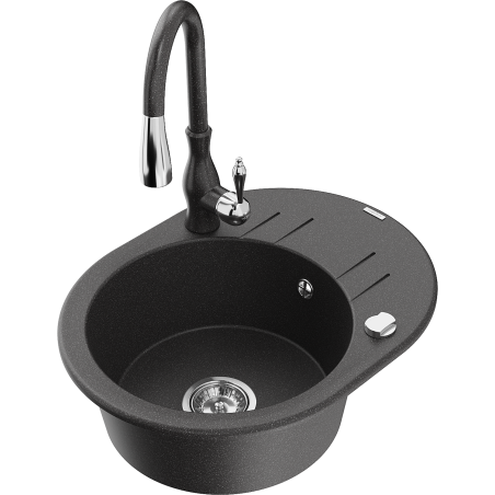 Mexen Kevin 1-bowl granite kitchen sink with drainer and Savita kitchen faucet, speckled black - 6517-76-672601-76