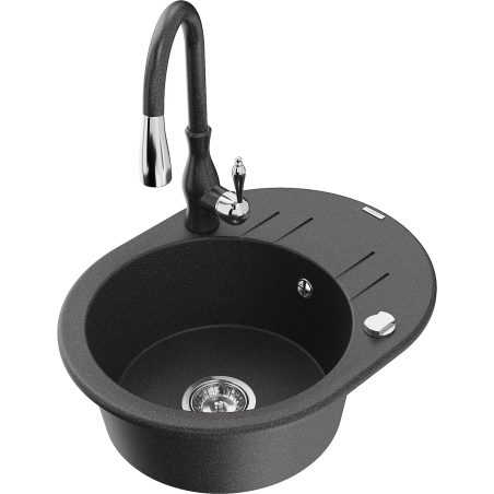 Mexen Kevin 1-bowl granite sink with drainer and kitchen faucet Savita, speckled black - 6517-76-672601-76