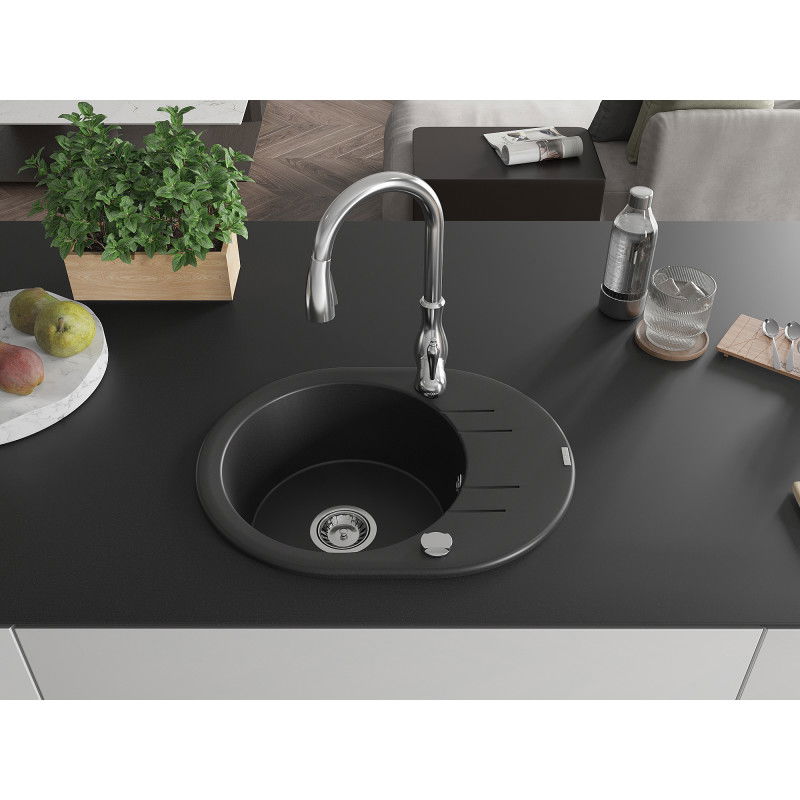 Mexen Kevin 1-bowl granite sink with drainer and Savita kitchen tap, black - 6517-77-672601-00