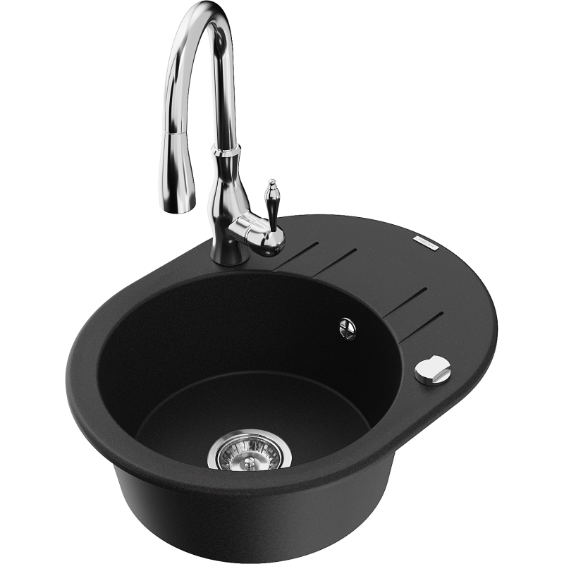 Mexen Kevin 1-bowl granite sink with drainer and Savita kitchen tap, black - 6517-77-672601-00