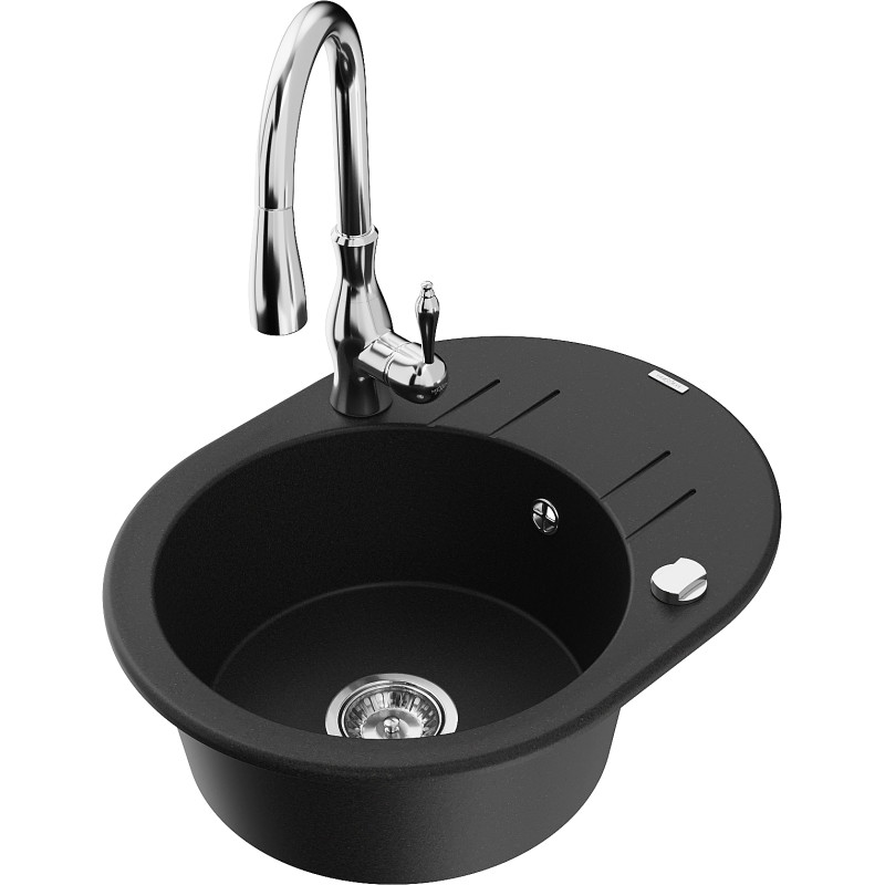 Mexen Kevin granite kitchen sink 1-bowl with drainer and Savita kitchen faucet, black - 6517-77-672601-00