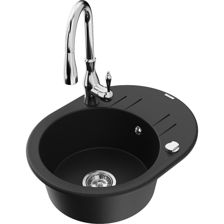 Mexen Kevin granite kitchen sink 1-bowl with drainer and Savita kitchen faucet, black - 6517-77-672601-00