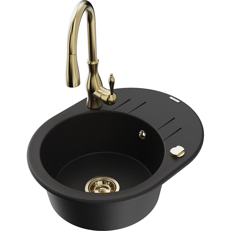Mexen Kevin 1-bowl granite sink with drainer and Savita kitchen faucet, black - 6517-77-672601-50