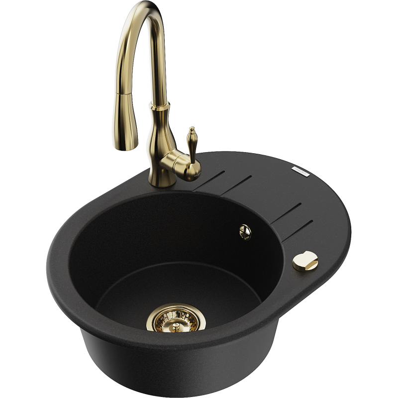 Mexen Kevin 1-Bowl Granite Sink with Drainer and Savita Kitchen Tap, Black - 6517-77-672601-50