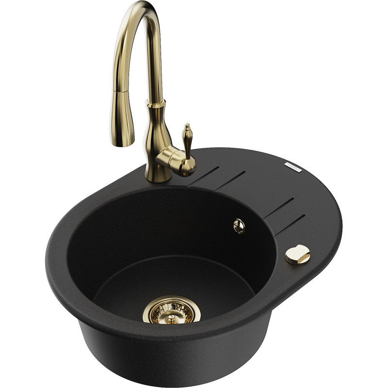 Mexen Kevin granite kitchen sink 1-bowl with drainer and Savita kitchen faucet, black - 6517-77-672601-50