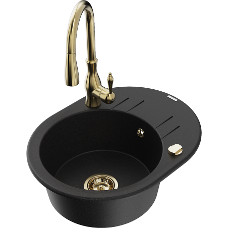 Mexen Kevin 1-Bowl Granite Sink with Drainer and Savita Kitchen Tap, Black - 6517-77-672601-50
