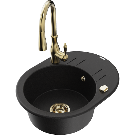 Mexen Kevin granite kitchen sink 1-bowl with drainer and Savita kitchen faucet, black - 6517-77-672601-50