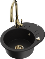 Mexen Kevin granite kitchen sink 1-bowl with drainer and Savita kitchen faucet, black - 6517-77-672601-50