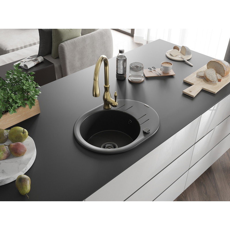Mexen Kevin 1-bowl granite kitchen sink with drainer and Savita kitchen faucet, black - 6517-77-672601-50-B