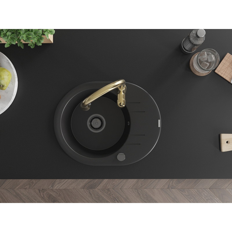 Mexen Kevin 1-bowl granite kitchen sink with drainer and Savita kitchen faucet, black - 6517-77-672601-50-B