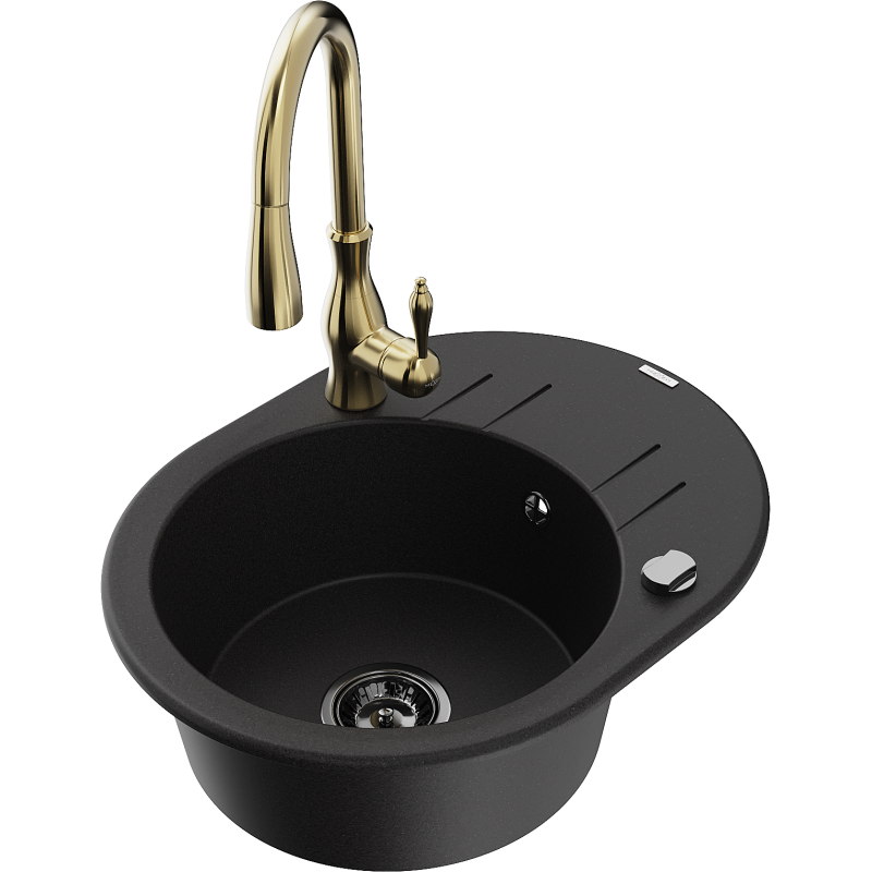 Mexen Kevin 1-bowl granite sink with drainer and Savita kitchen tap, black - 6517-77-672601-50-B